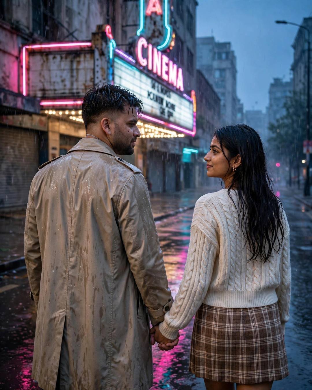 Couple walking past a neon cinema hall in the rain, glancing back