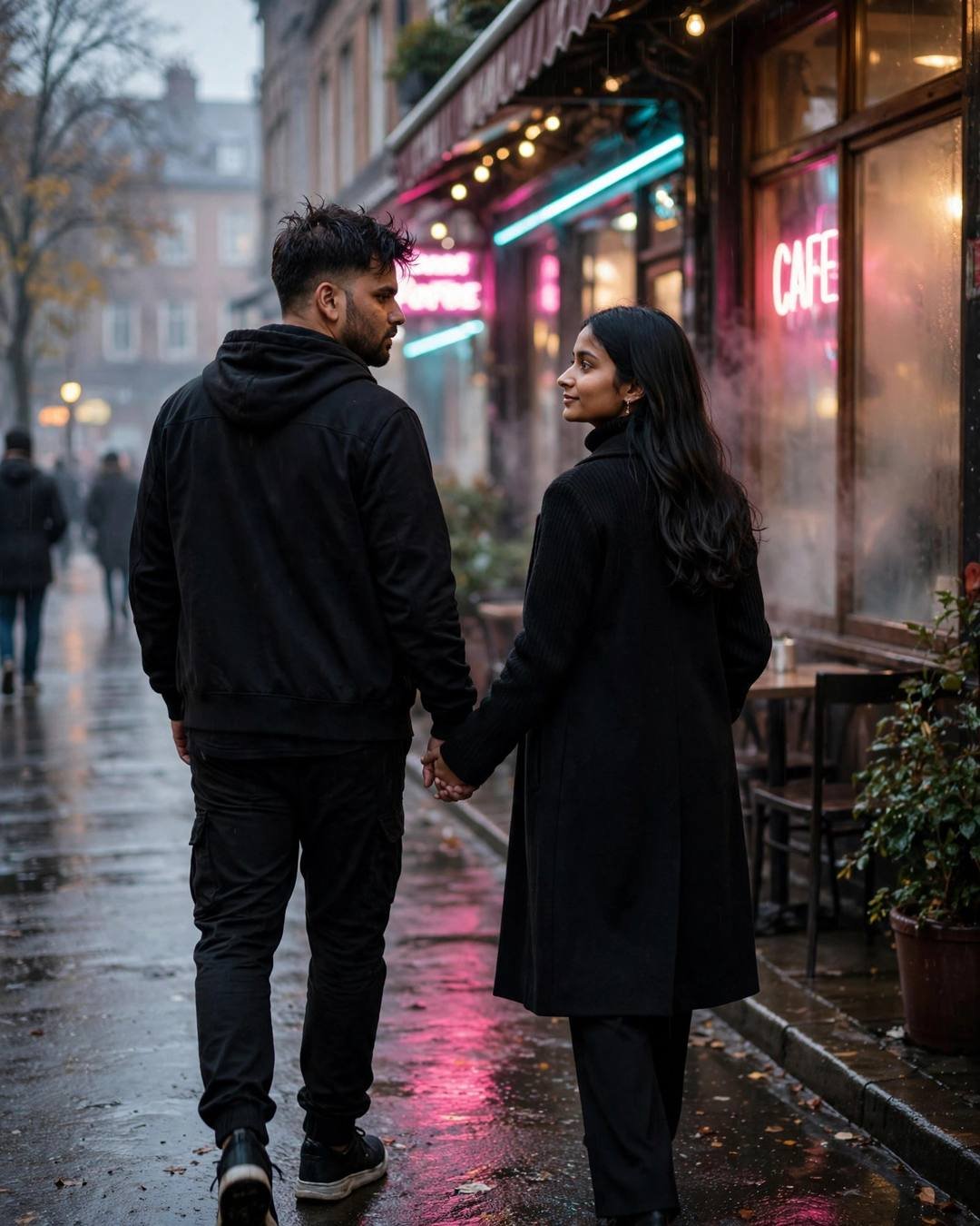 Couple turning mid-step to look at each other by a neon cafe