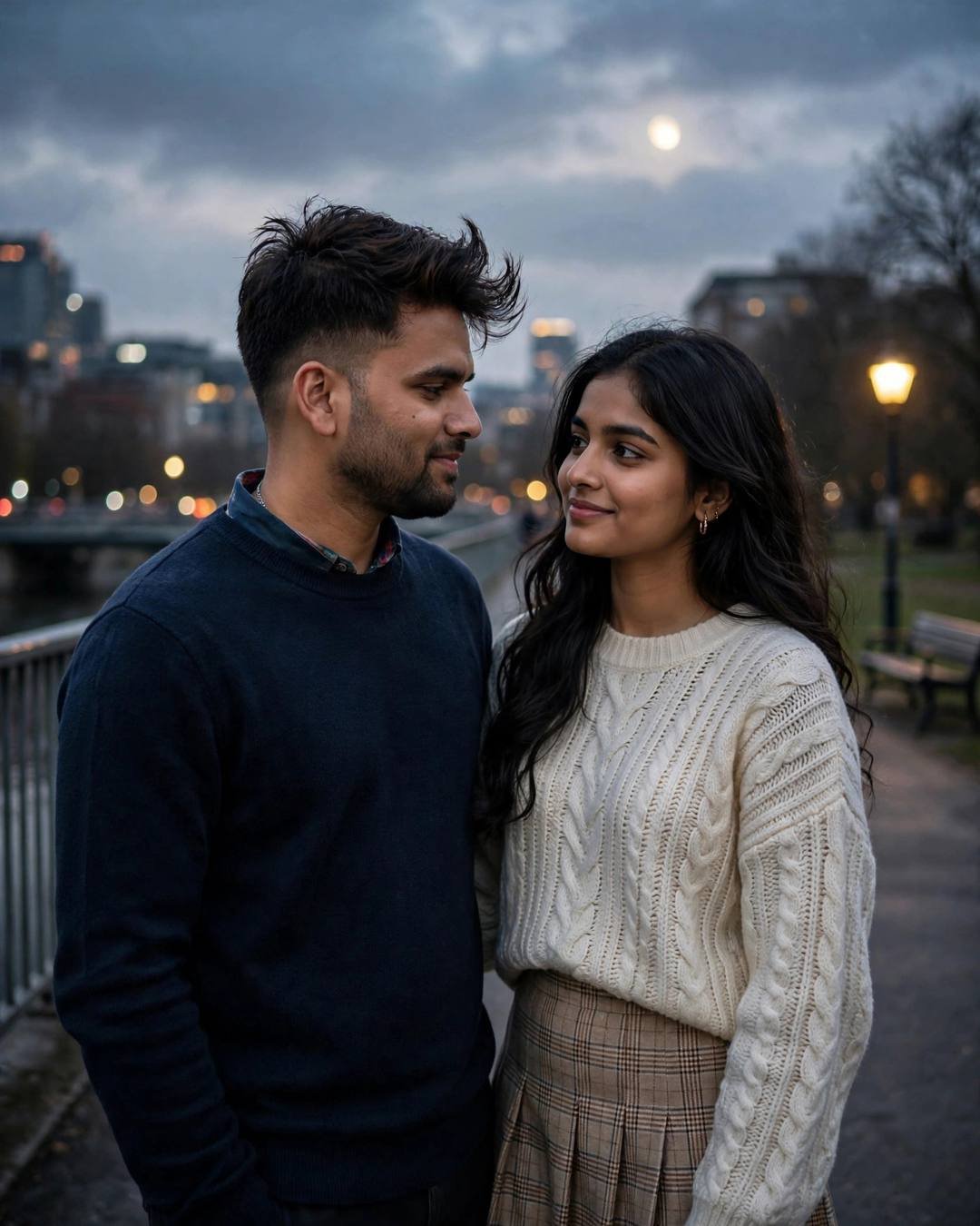 Couple looking at each other on a bridge at dusk with the moon out