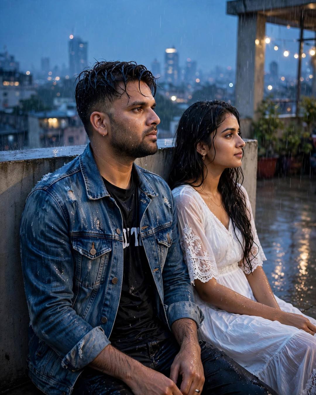 Couple sitting in silence on a rainy rooftop at blue hour