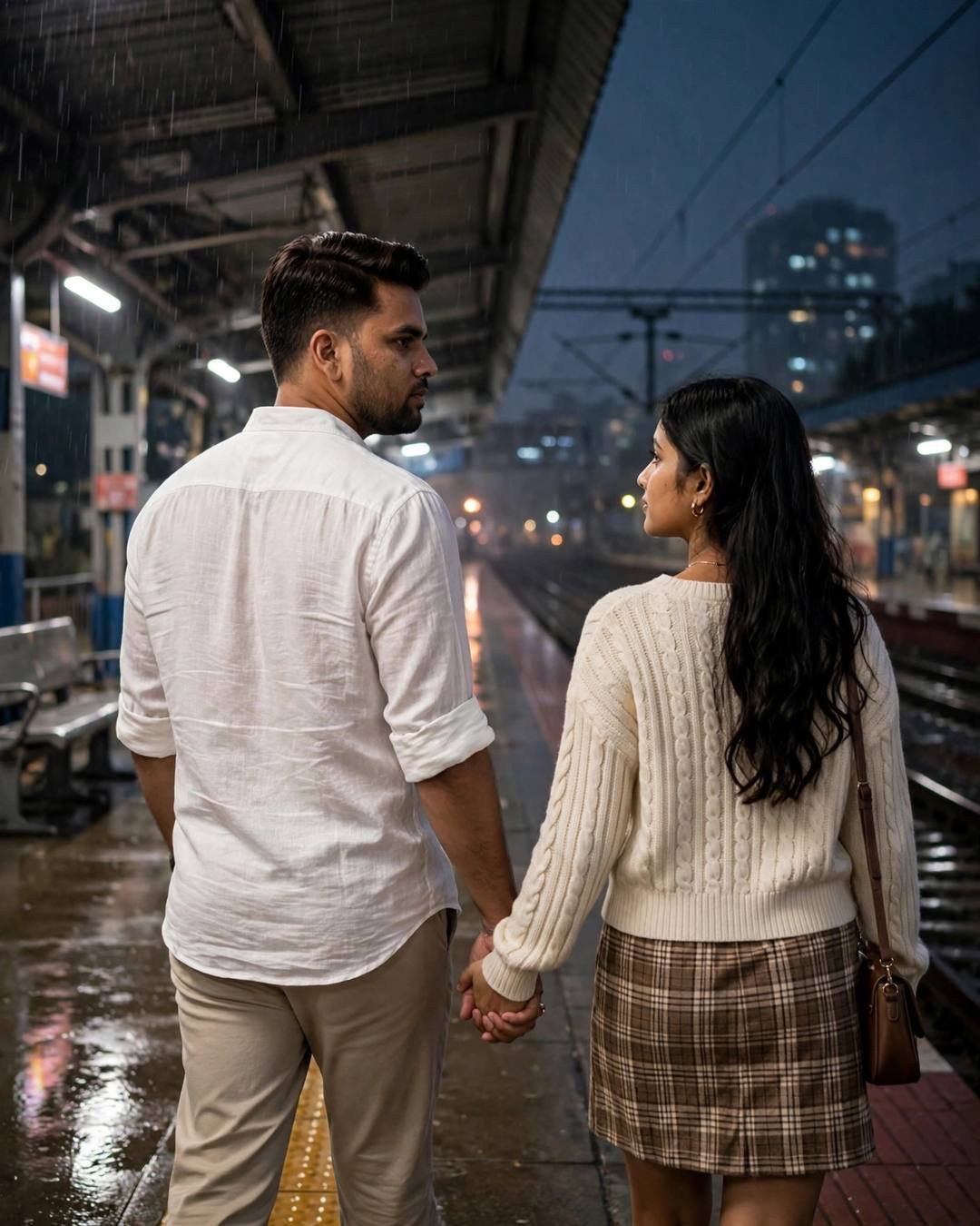Couple walking hand in hand away on a rainy midnight platform