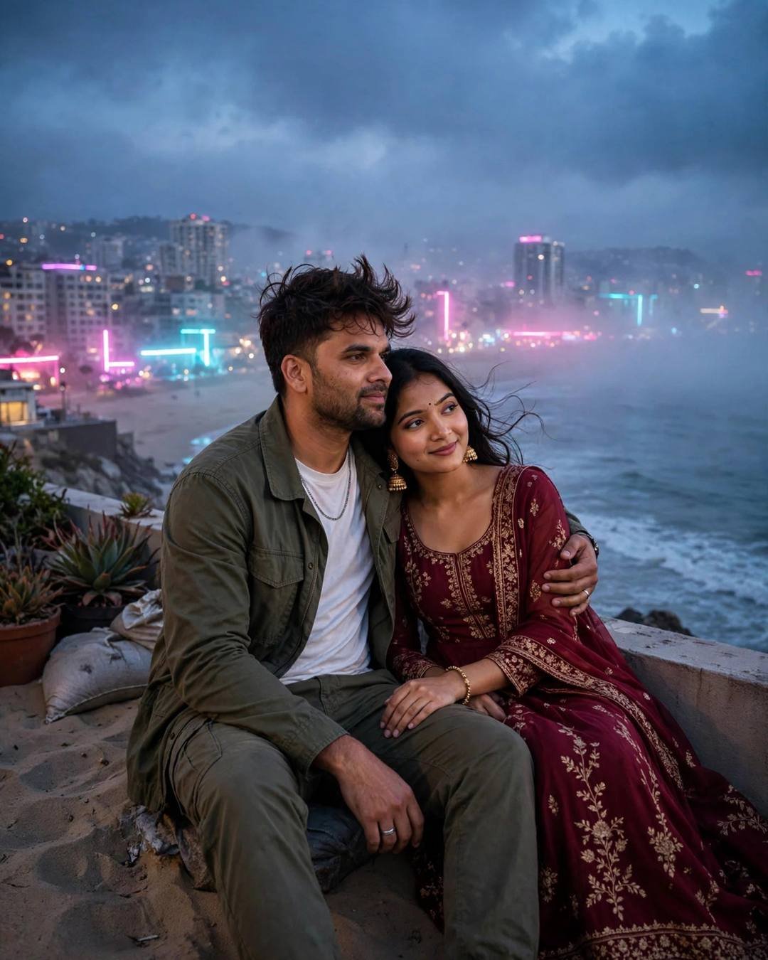 Couple sitting on sand at blue hour with neon reflections on the sea