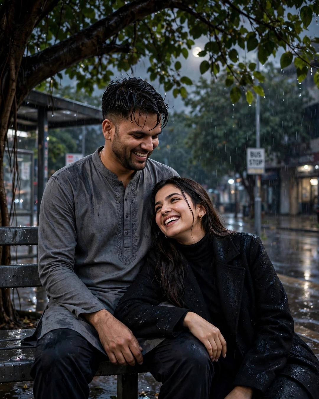 Couple laughing on a bus stop bench in the rain at night
