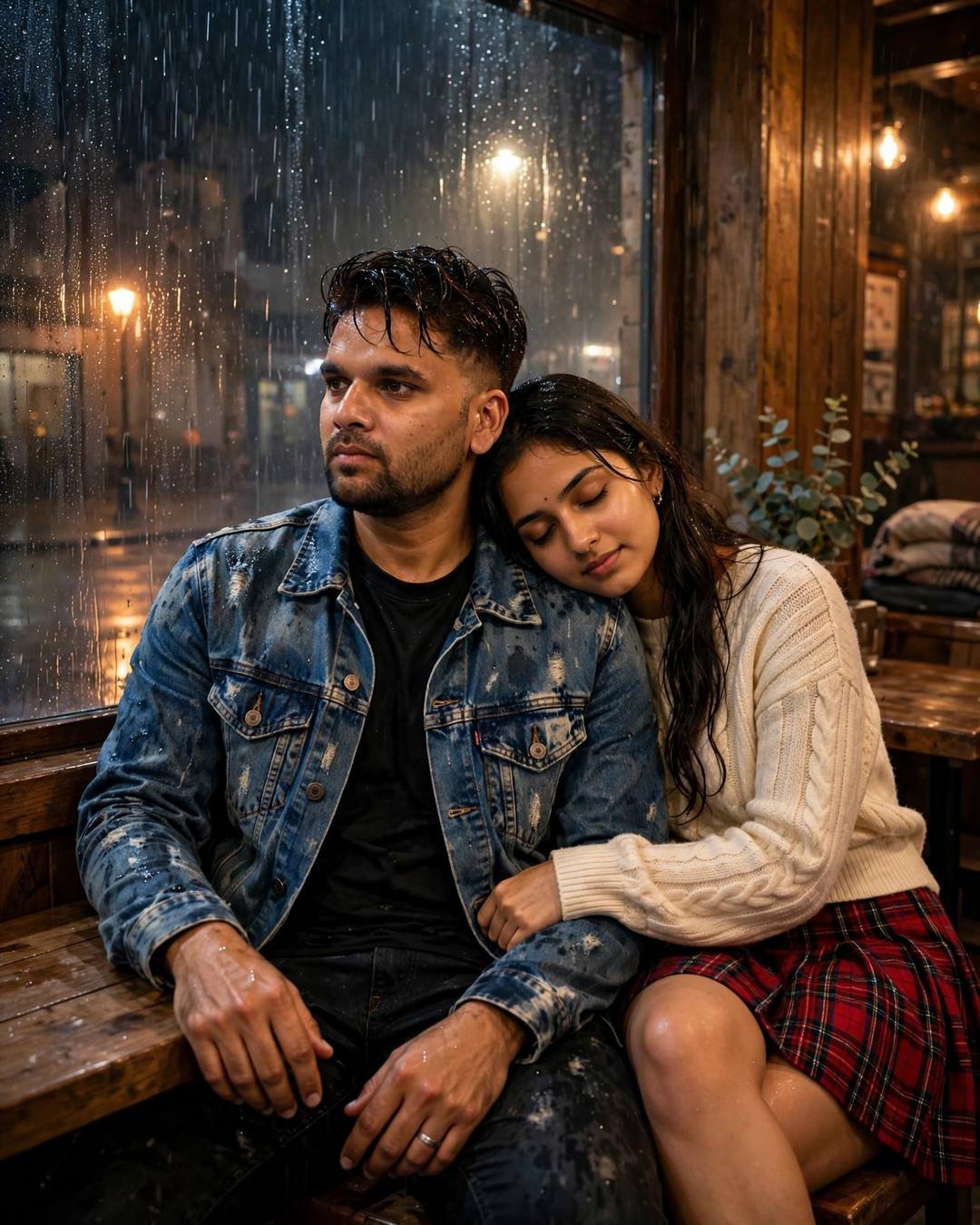 AI-generated cinematic portrait — wearing matching yellow raincoats and splashing through, 4:5 photography