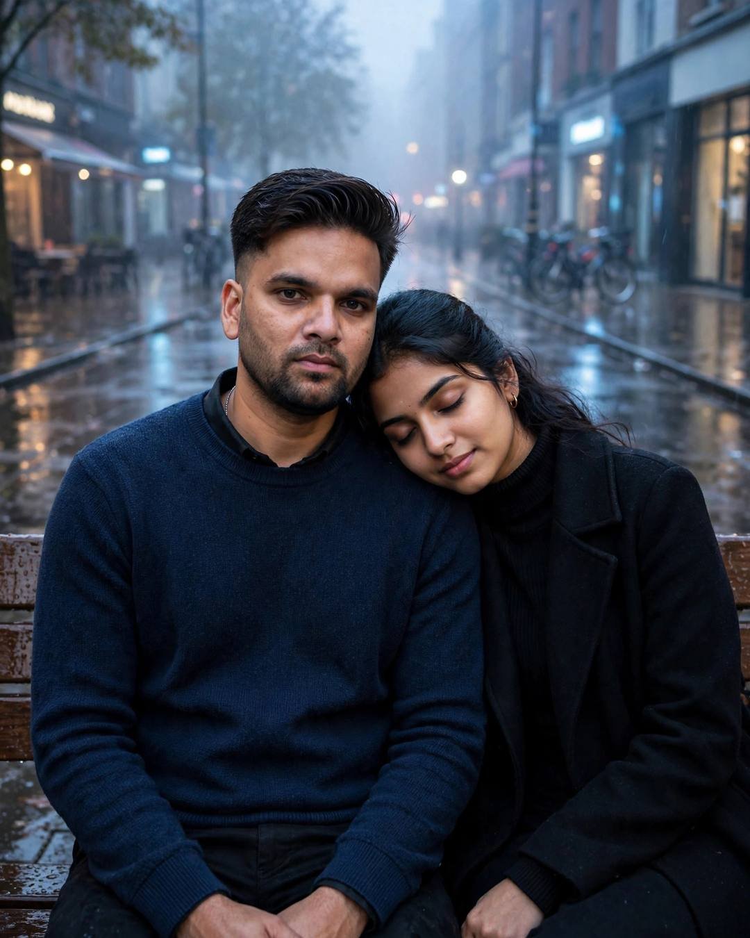 AI-generated cinematic portrait — forehead kisses at a book fair, 4:5 photography