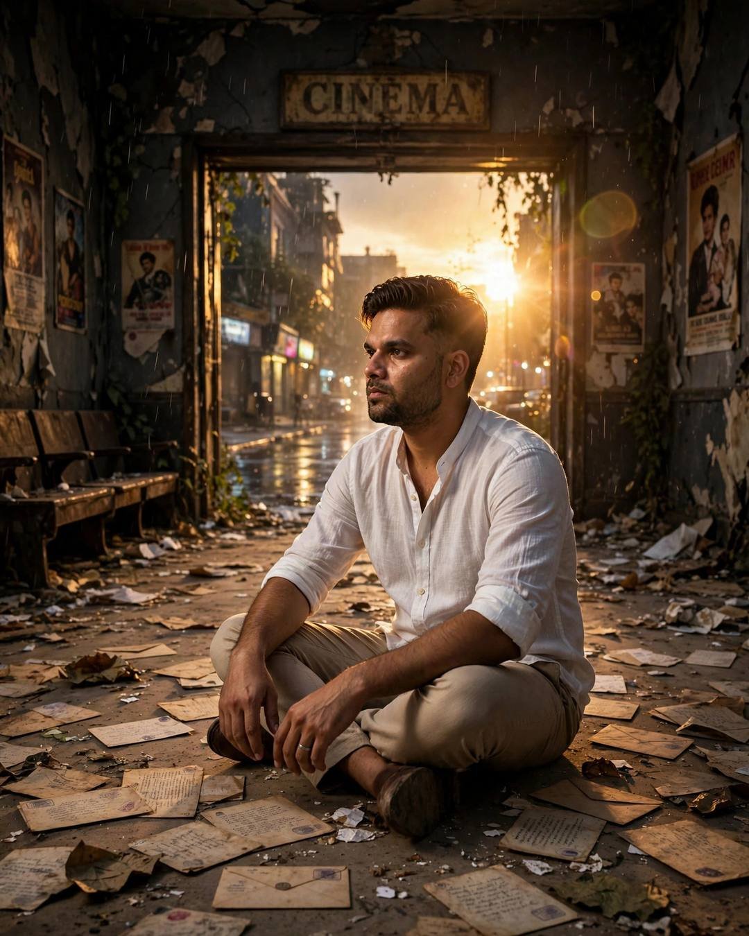 Young Indian man in white linen shirt sitting cross-legged among old letters in an abandoned cinema hall, golden light flaring through a broken doorway