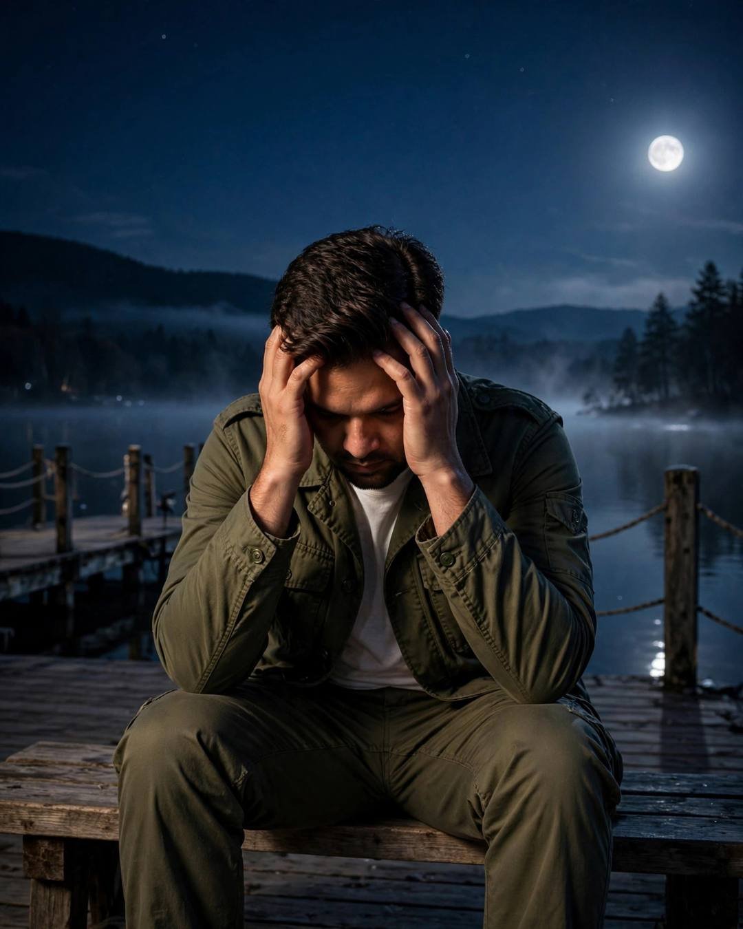 Young Indian man in olive field jacket sitting on a wooden pier at night with head in hands, full moon over misty lake and pine trees