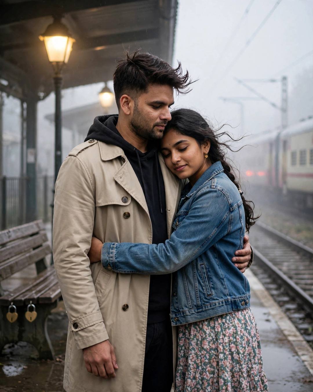 AI-generated cinematic portrait — watching their grainy old wedding video together,, 4:5 photography