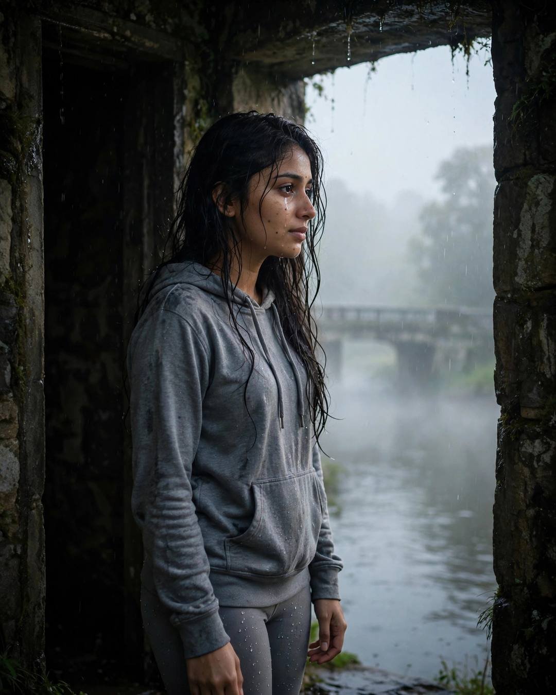 AI-generated cinematic portrait — feeding street dogs in the monsoon rain,, 4:5 photography