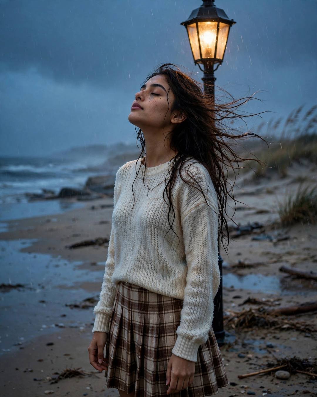 Young Indian woman in cream knit top and plaid skirt standing under a streetlamp on a rainy beach at dusk, face lifted to the sky