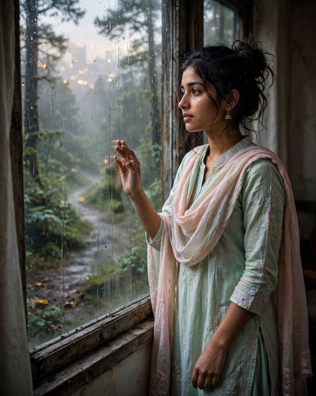 Young Indian woman in pastel salwar-kameez with dupatta at a rain-streaked window, hand on the glass, messy bun, forest path outside