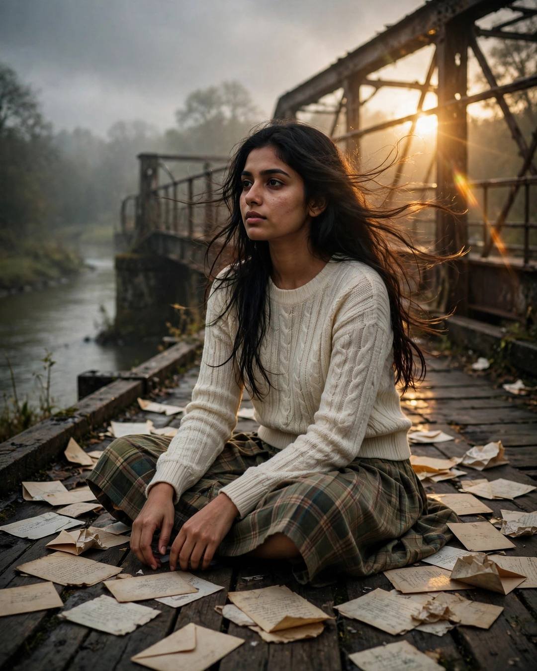 Young Indian woman in cream knit top and plaid skirt sitting cross-legged on a bridge surrounded by old letters, golden backlight with lens flare, river below