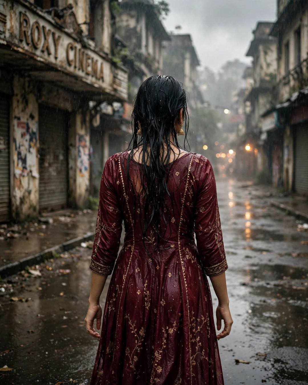 Young Indian woman in maroon anarkali with jhumkas walking away down a rain-wet street by an abandoned Roxy cinema, wet hair, overcast glow