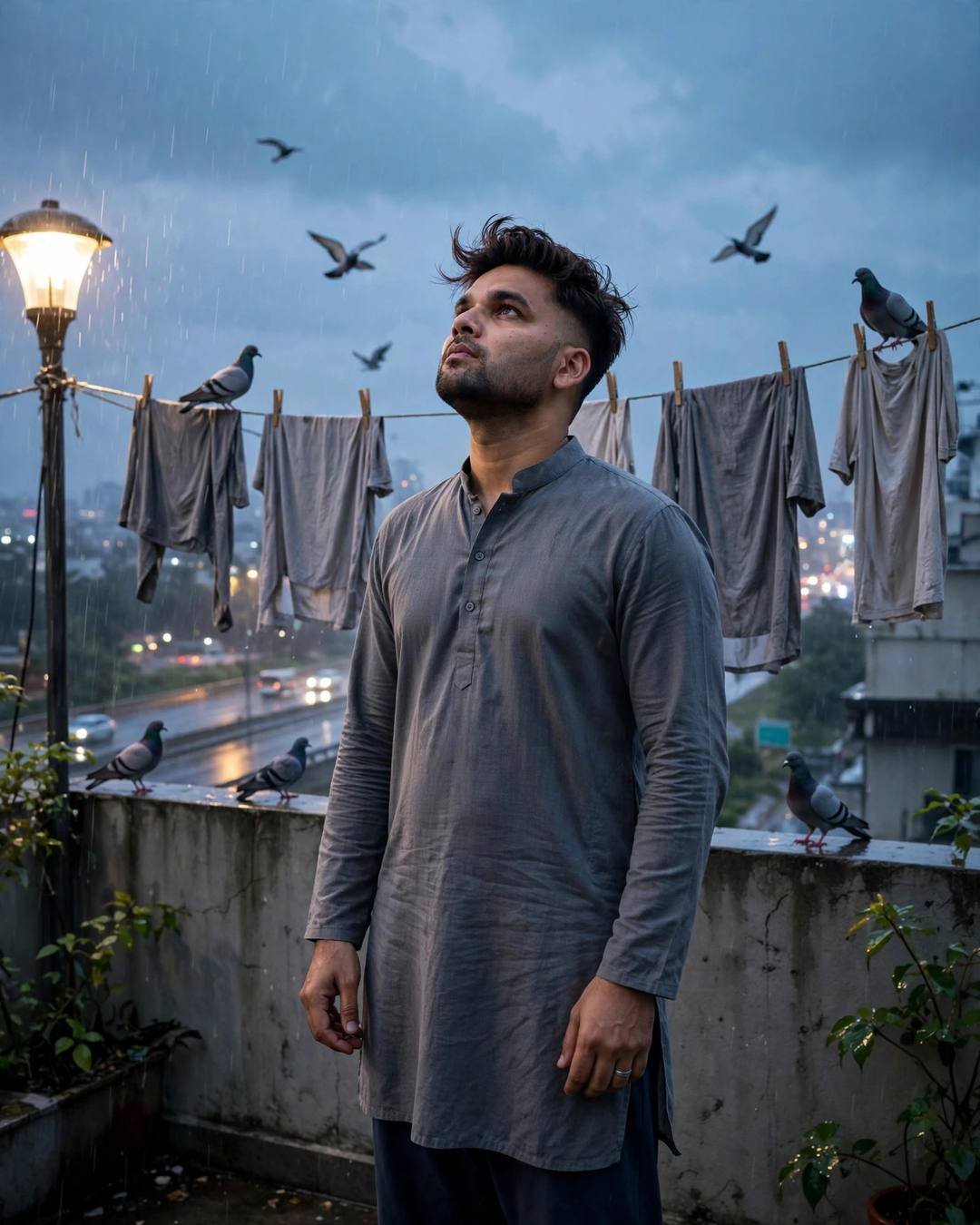 Young Indian man in grey kurta standing on a terrace among clotheslines and pigeons in rain, face lifted to the sky
