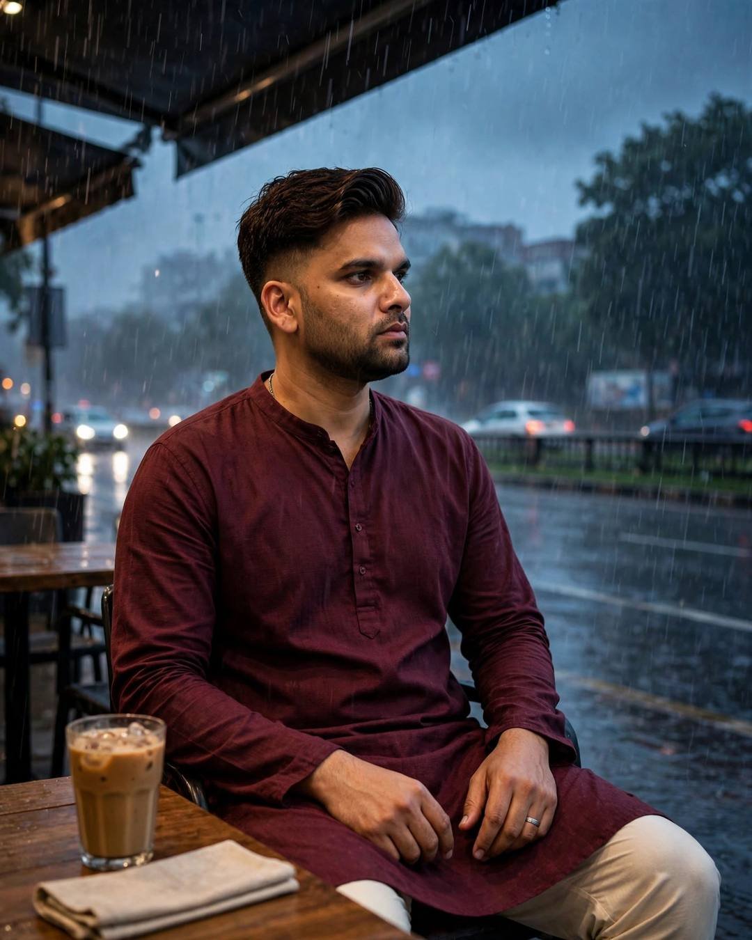 Young Indian man in maroon kurta sitting at a café table under an awning in heavy rain, iced coffee on the table, watching the street