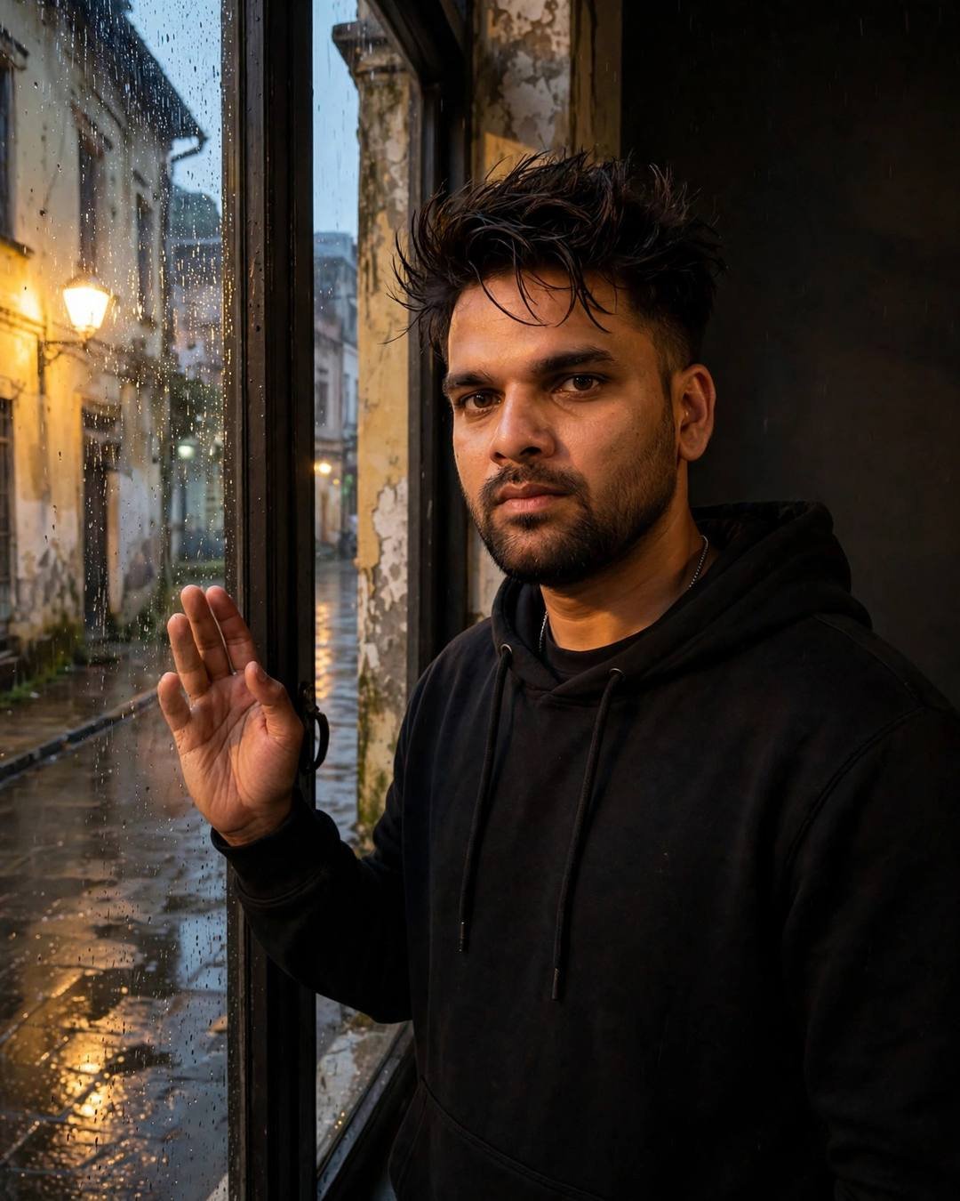 Young Indian man in black streetwear standing at a rain-streaked window in a narrow old-city lane at night, hand on the glass, warm streetlamp glow