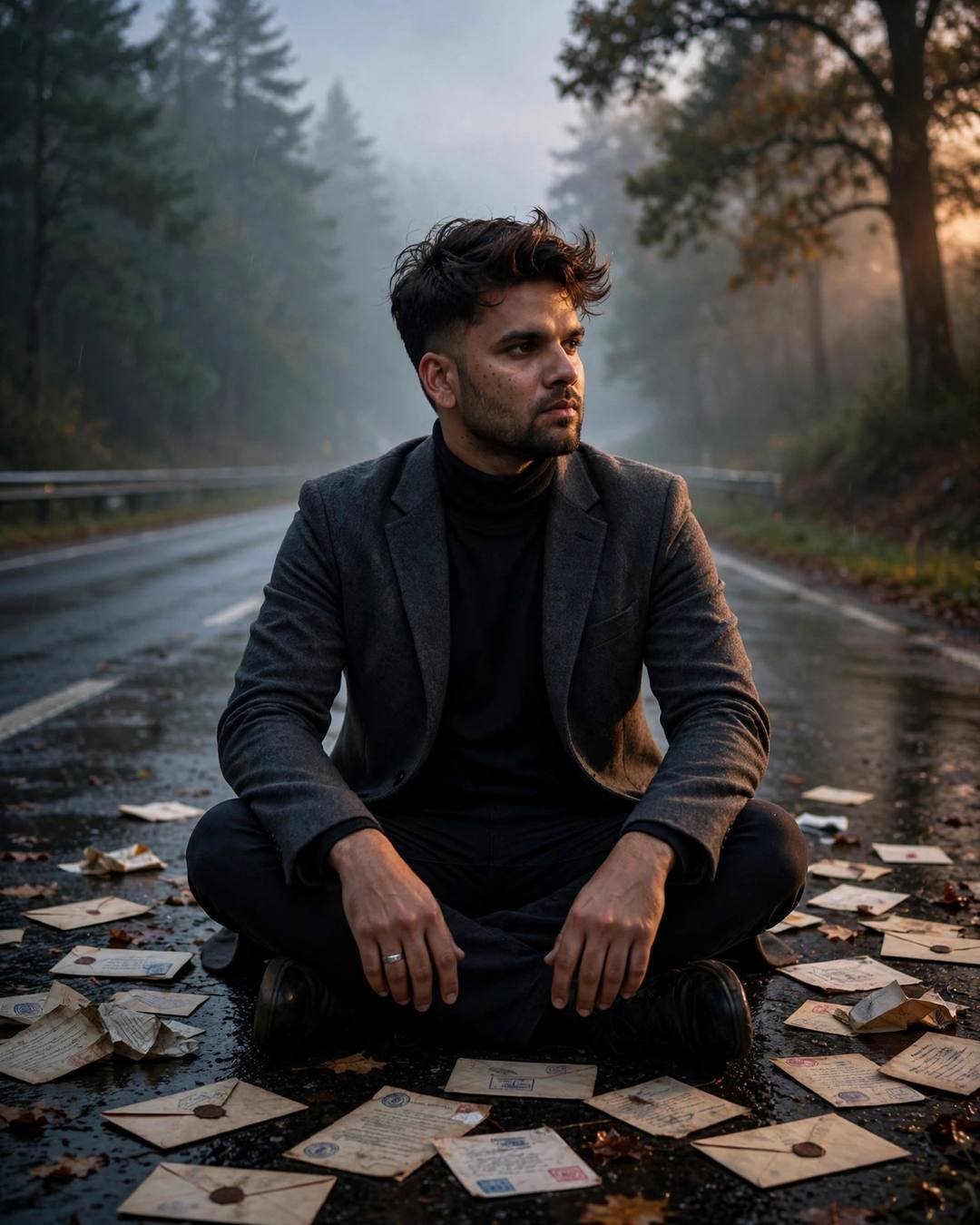 Young Indian man in charcoal blazer sitting cross-legged on a misty forest road among scattered old letters, dramatic side light