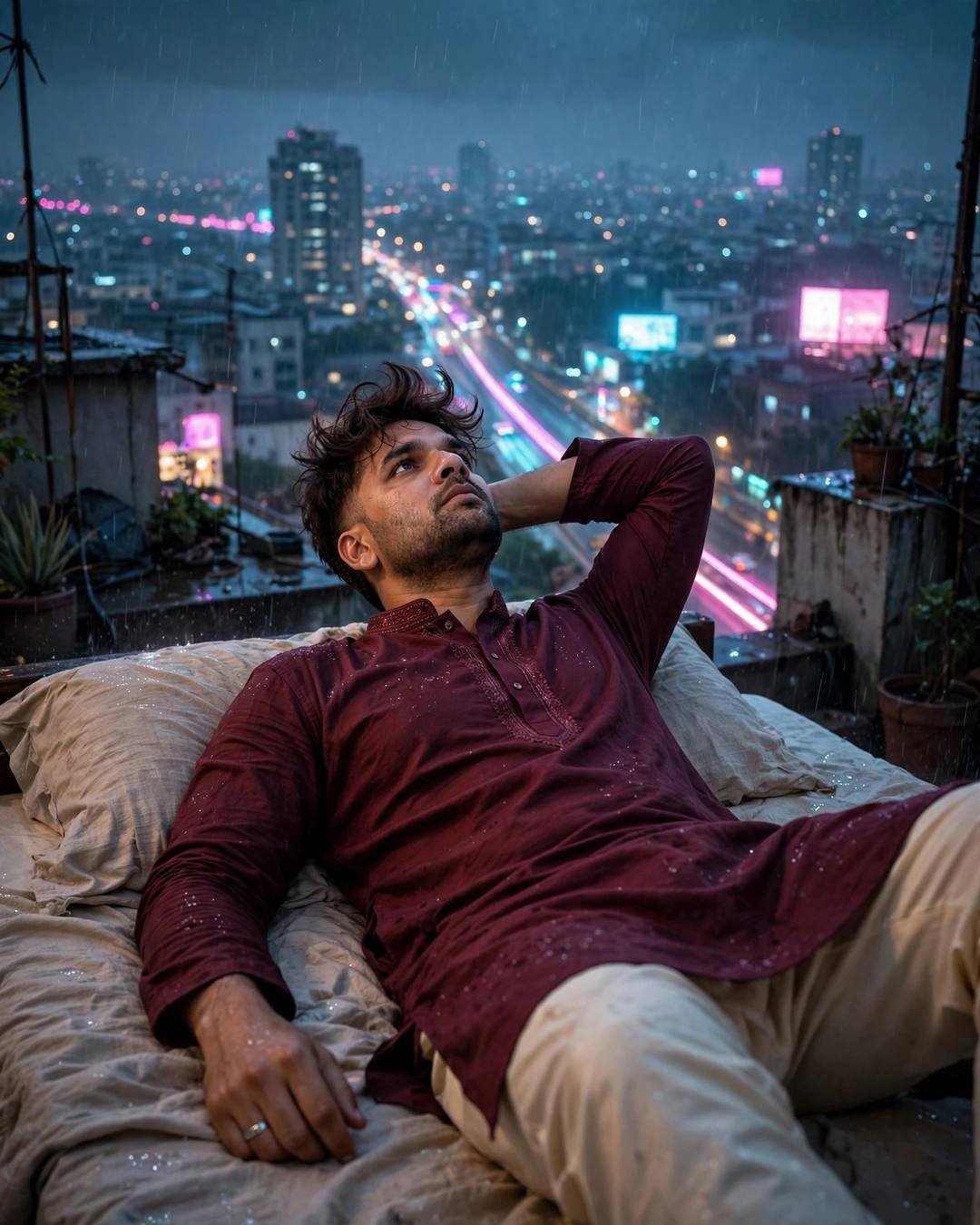 Young Indian man in maroon kurta reclining on a rooftop bed at night, neon pink and cyan light trails across the wet city below