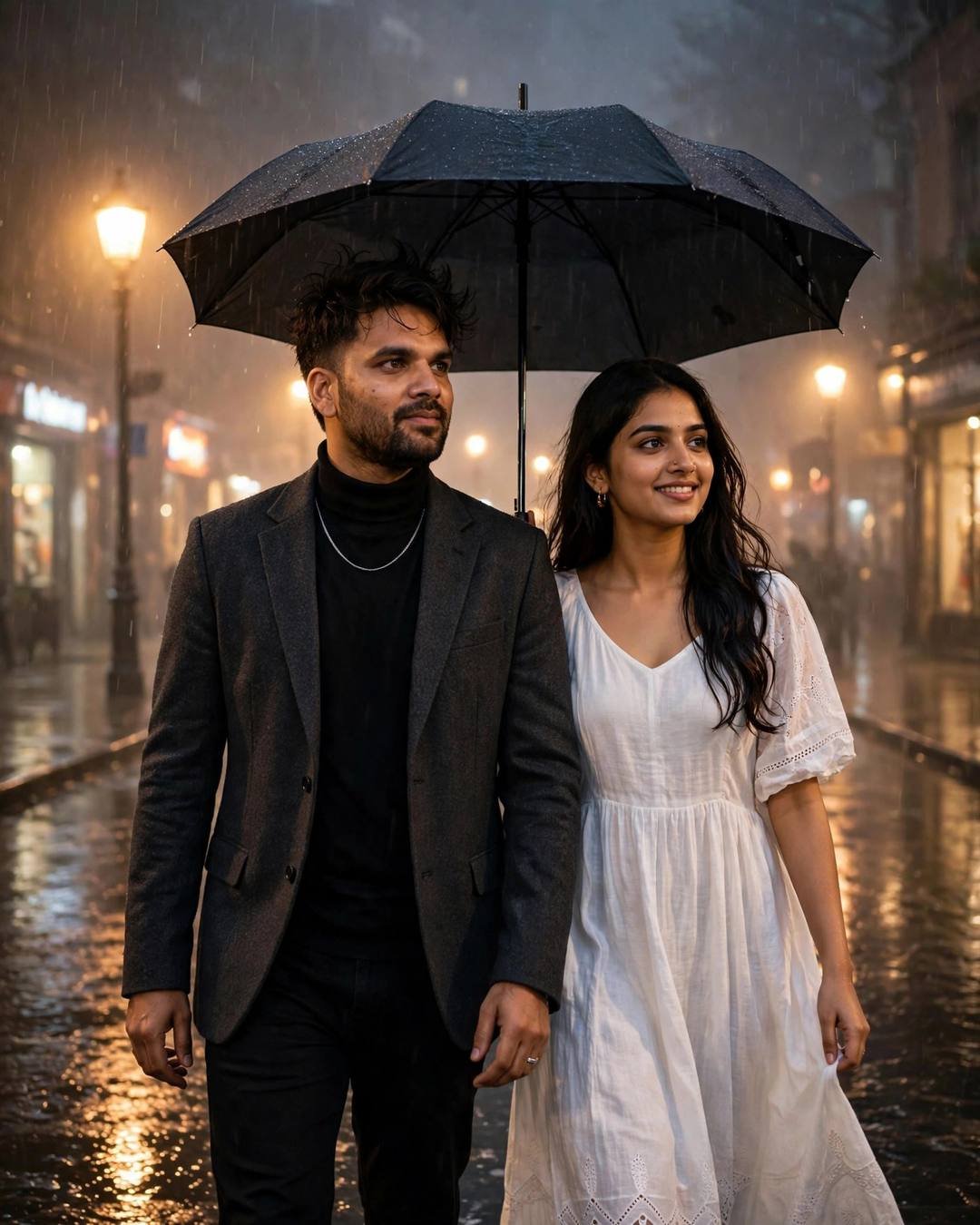 Couple walking under one umbrella at midnight on a rain-soaked city street, man in charcoal blazer and black turtleneck, woman in flowing white summer dress, warm streetlights in fog