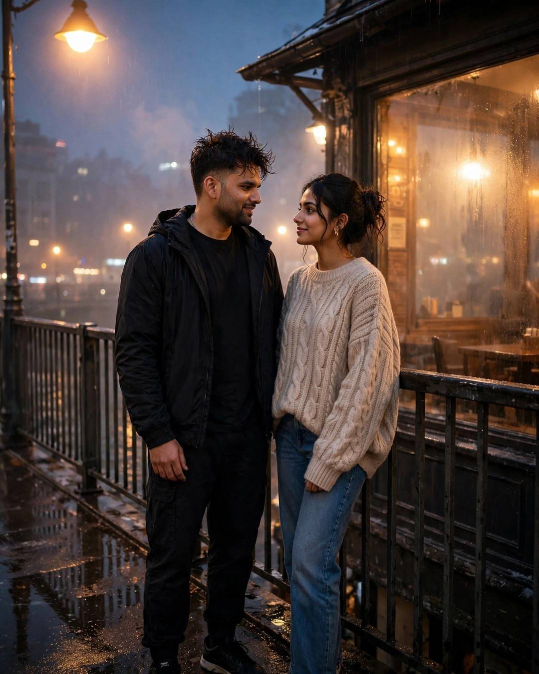 Couple standing on a bridge at night looking at each other with blurred city lights behind, man in all-black streetwear, woman in oversized beige sweater and jeans