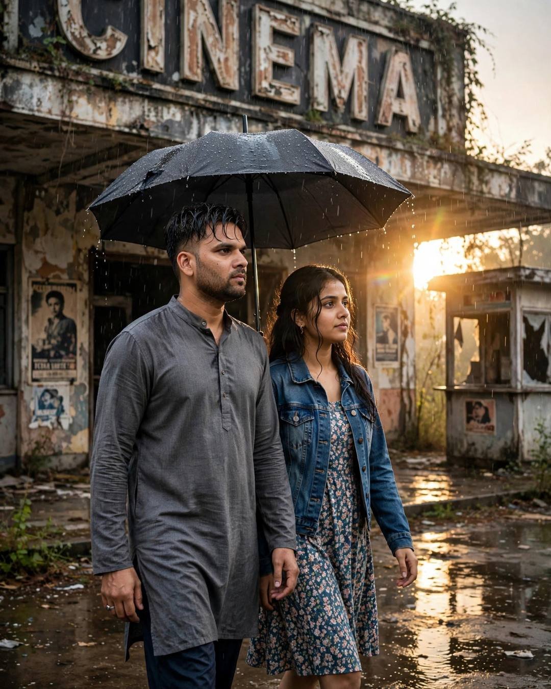 Couple walking side by side under one umbrella outside an abandoned cinema hall in the rain, man in grey kurta with dark pajama, woman in denim jacket over floral dress, golden backlight