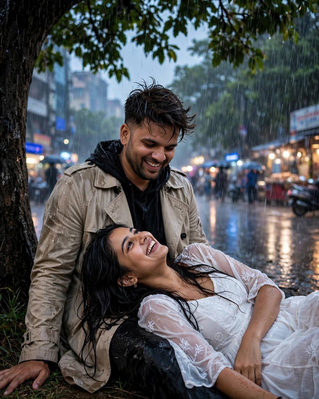 Couple sitting under a tree in heavy monsoon rain, her head resting in his lap, both laughing softly, man in beige trench coat, woman in flowing white summer dress, city lights glowing behind