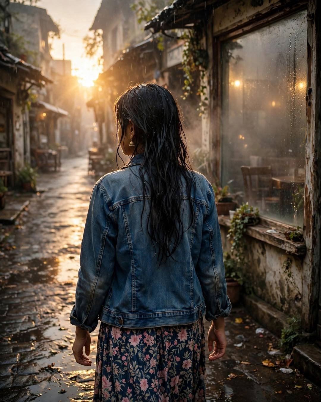 Young Indian woman in denim jacket over floral dress walking away down a rain-wet lane by an old café at golden hour
