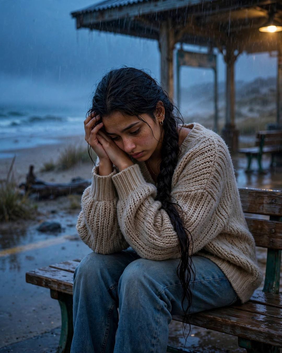 Young Indian woman in beige sweater and jeans sitting on a bench with head in hands at a rainy coastal stop at blue hour