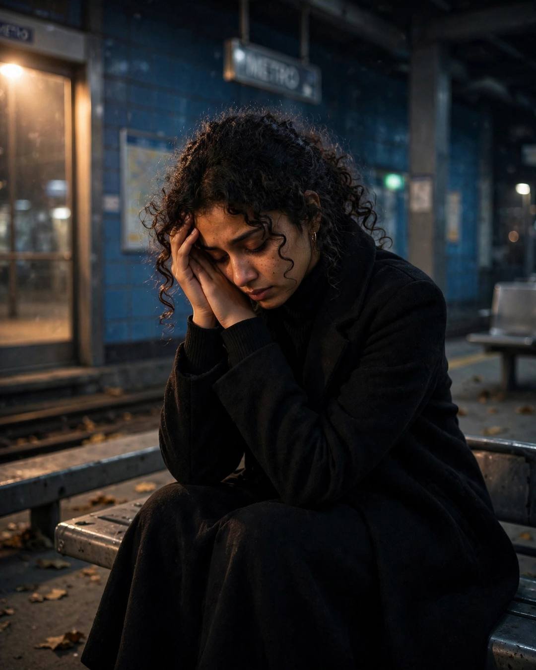 Young Indian woman in black turtleneck and long coat with head in hands on a bench at a midnight metro station