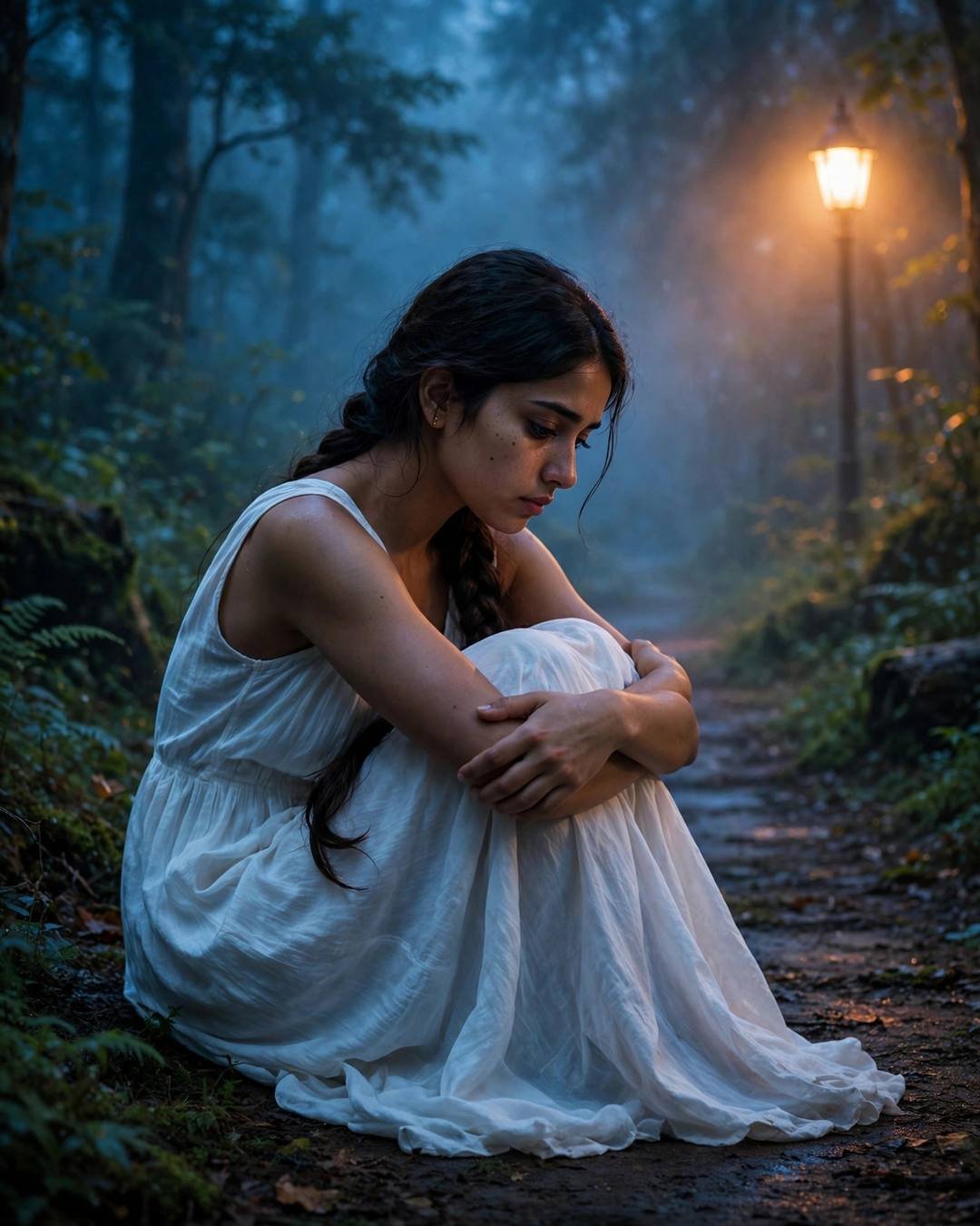 Young Indian woman in a flowing white dress sitting with knees drawn up on a misty forest path at blue hour