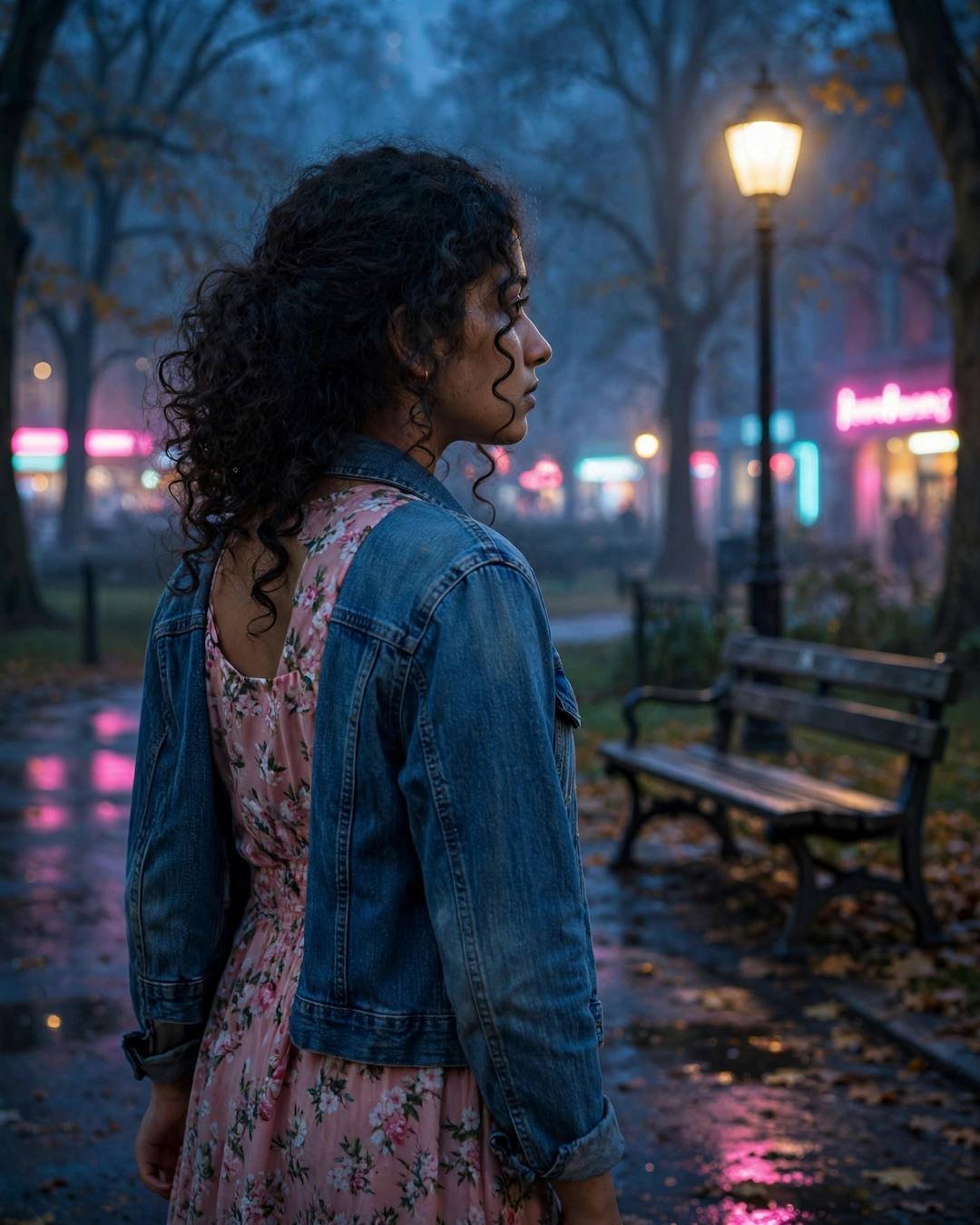 Young Indian woman in denim jacket over floral dress looking over her shoulder on a neon-lit park path at blue hour