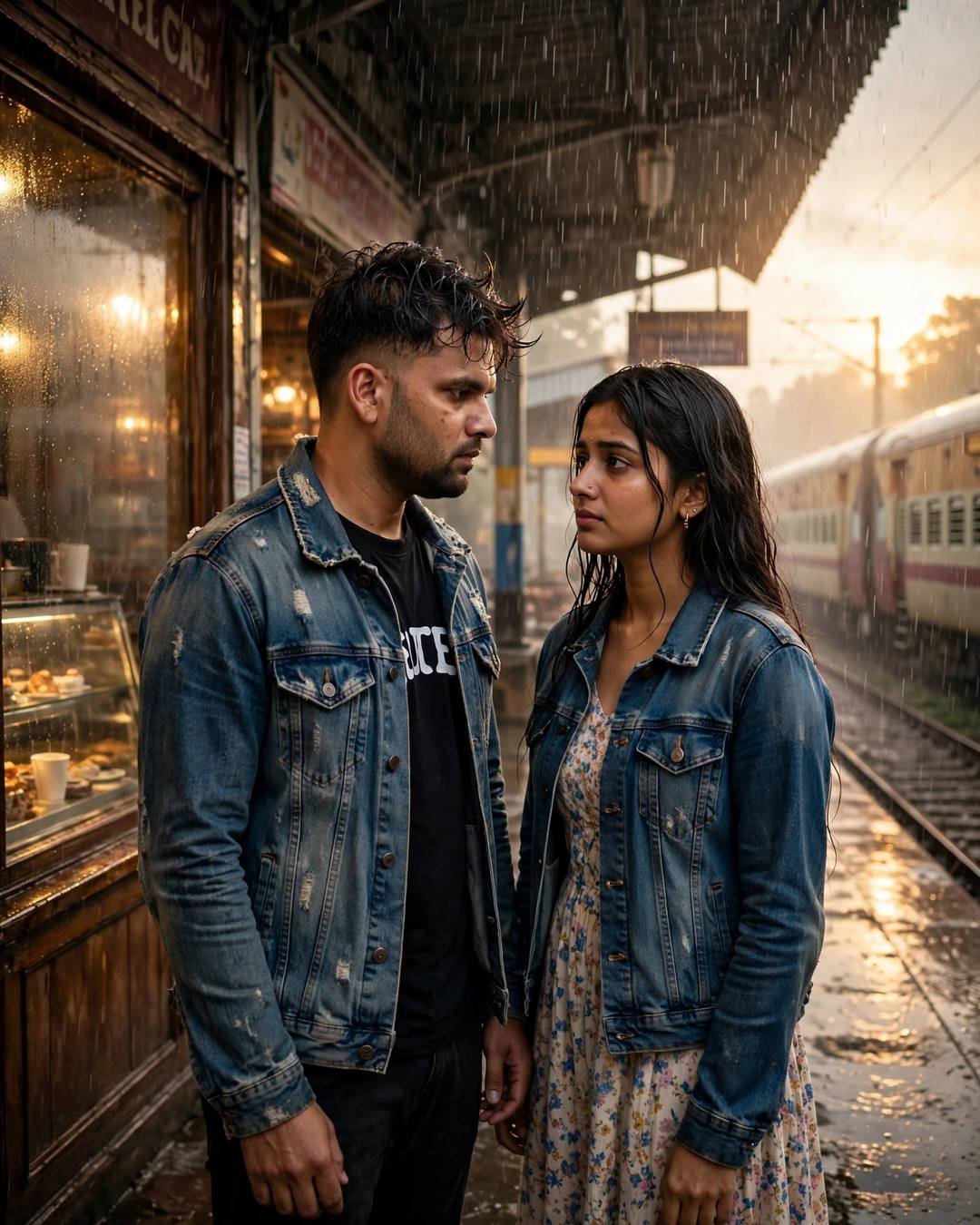 AI couple photo — man in distressed denim jacket and woman in denim jacket over floral dress in a fragile farewell on a rain-lashed railway platform at golden hour