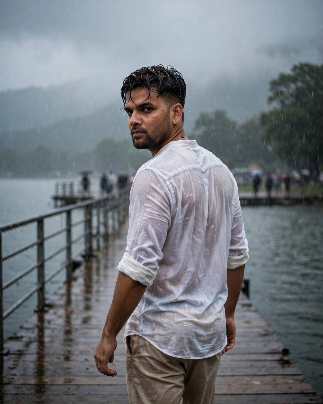 Young Indian man in white linen shirt and beige trousers walking down a rainy lake pier at dawn, seen from behind