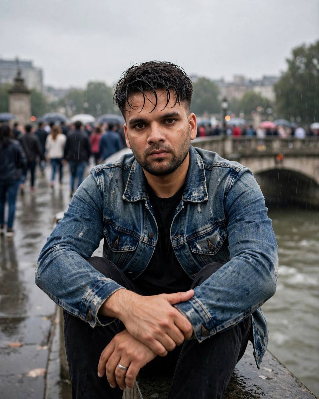 Young Indian man in distressed denim jacket sitting alone on a bridge in the rain with a blurred crowd behind him