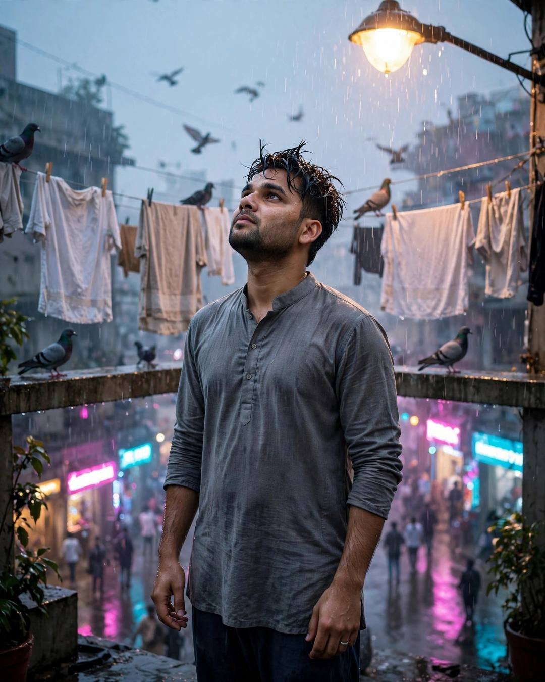 Young Indian man in grey kurta standing under a streetlamp in the rain on a terrace with clothes lines and pigeons, neon glow below