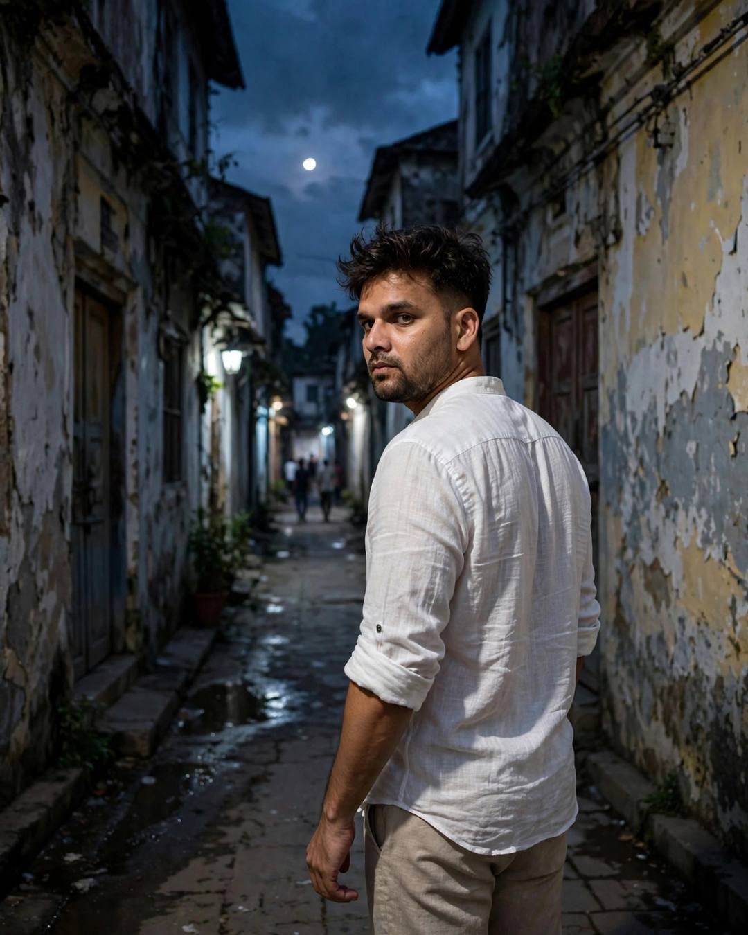 Young Indian man in white linen shirt and beige trousers walking through a narrow old-city lane with peeling walls at blue hour