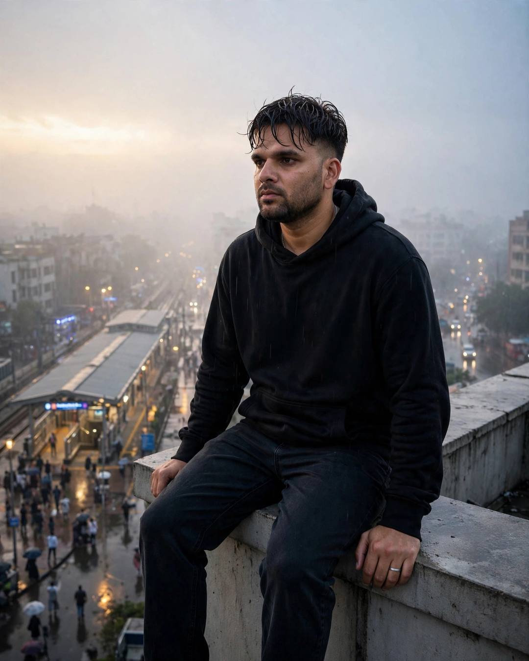 Young Indian man in a black hoodie sitting on a rooftop ledge above a foggy midnight metro station at dawn