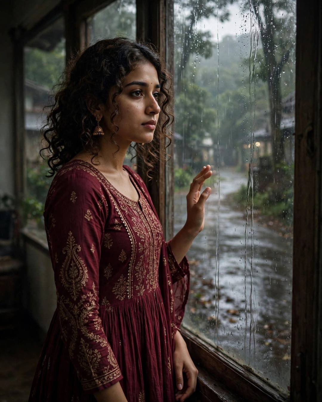Young Indian woman in maroon anarkali with jhumkas standing at a rain-streaked window, one hand resting on the glass