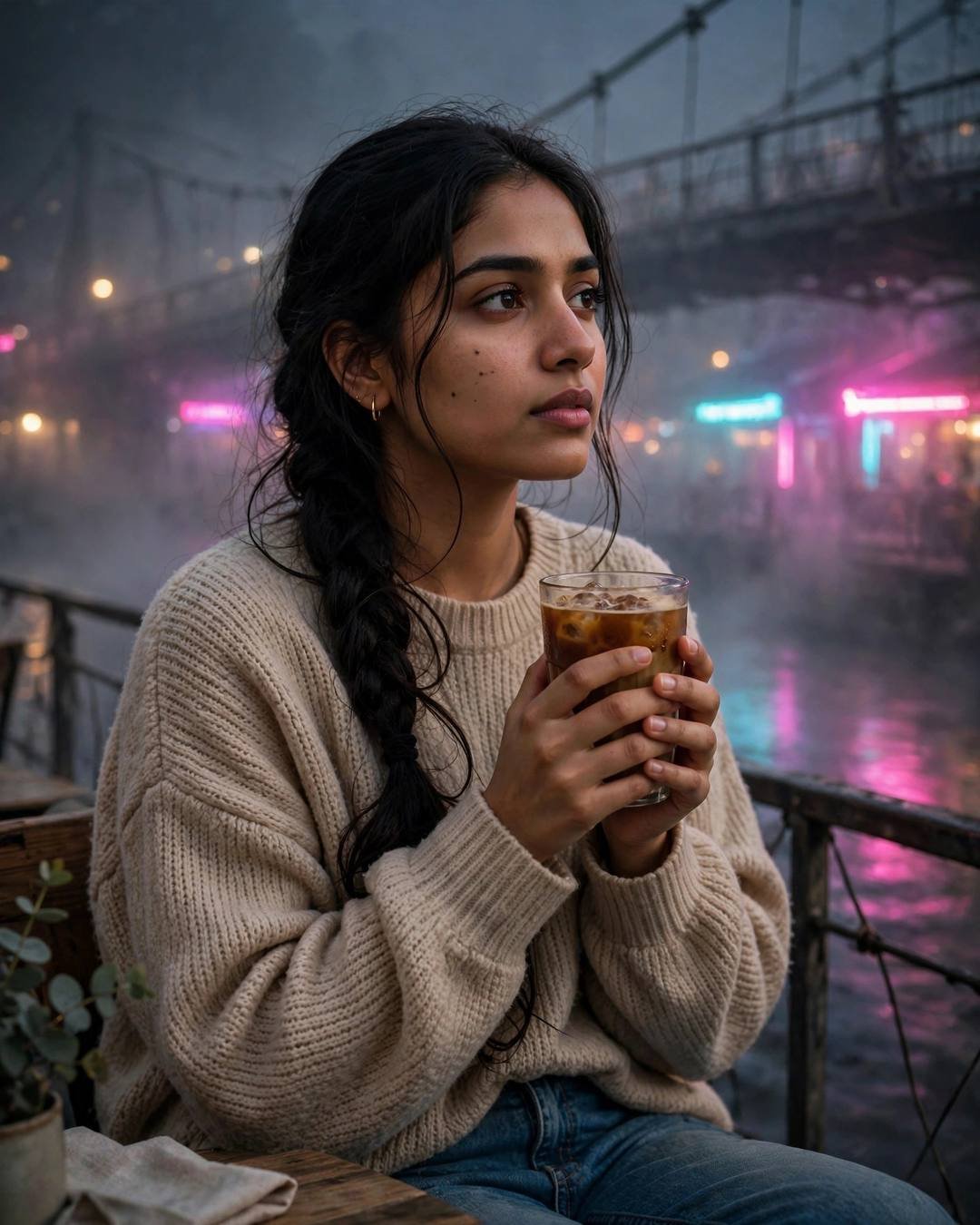 Young Indian woman in oversized beige sweater and jeans with a long braid, holding cold coffee at a neon-lit riverside cafe in fog
