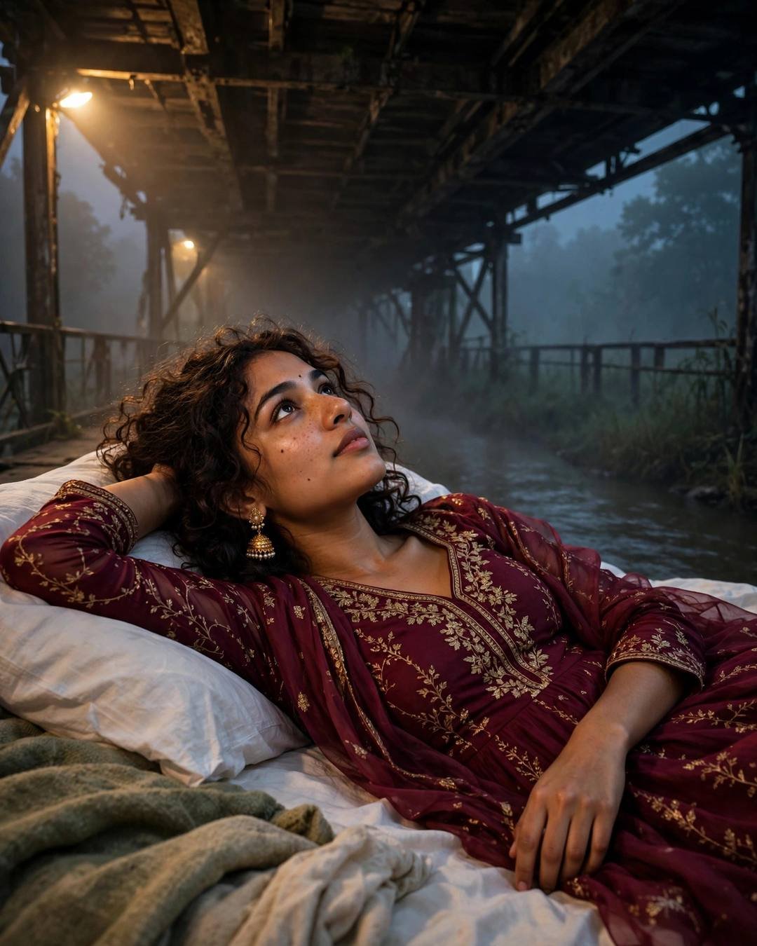 Young Indian woman in maroon anarkali with jhumkas reclining on a bed under an iron bridge over a river at night, sodium lamp glow