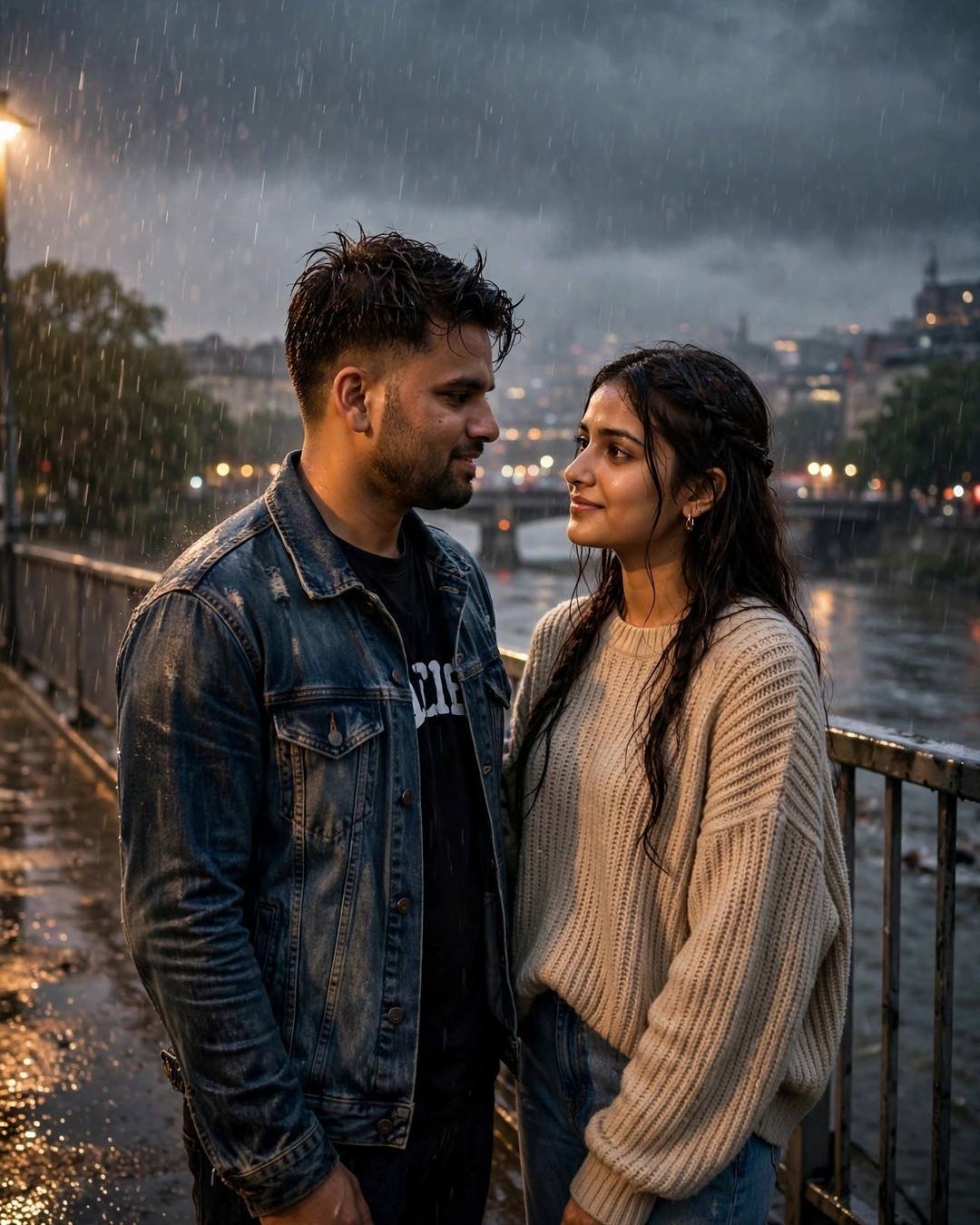 AI couple photo — man in distressed denim jacket and woman in oversized beige sweater standing on a rain-drenched bridge at dusk with the city blurred behind