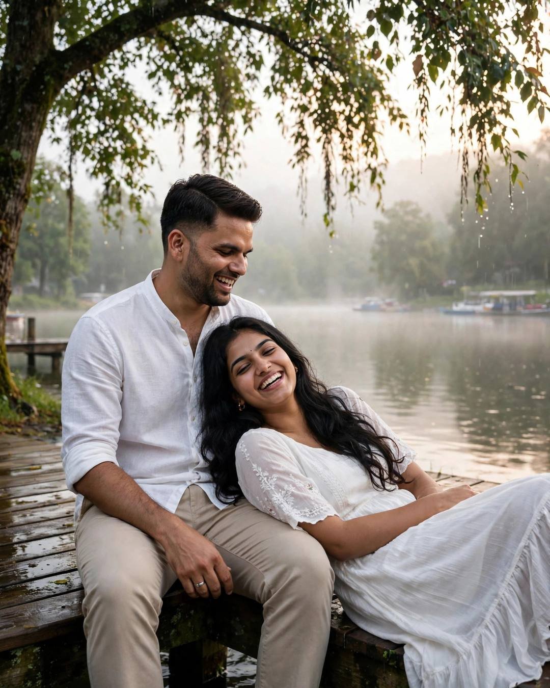 AI couple photo — man in white linen shirt and woman in flowing white dress laughing together at a foggy lake pier at golden dawn