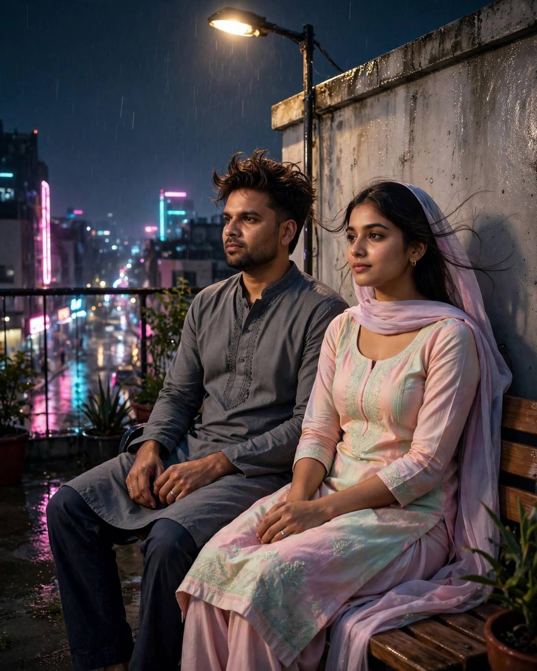 AI couple photo — man in grey kurta and woman in pastel salwar-kameez sitting side by side on a neon-lit rooftop at midnight