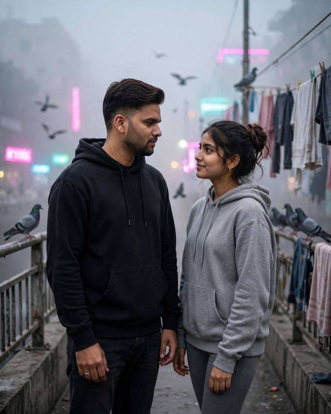 AI couple photo — man in black oversized hoodie and woman in grey hoodie facing each other on a foggy dawn terrace with pigeons and neon light