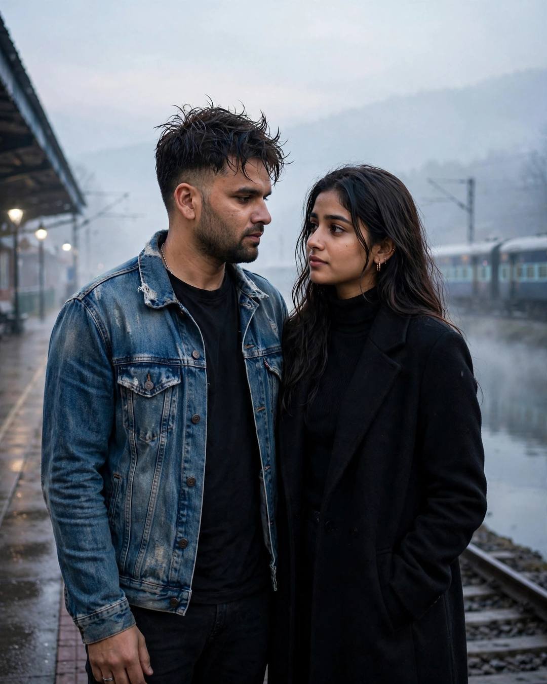 AI couple photo — man in distressed denim jacket and woman in black turtleneck with long coat in a final gaze on a misty dawn railway platform