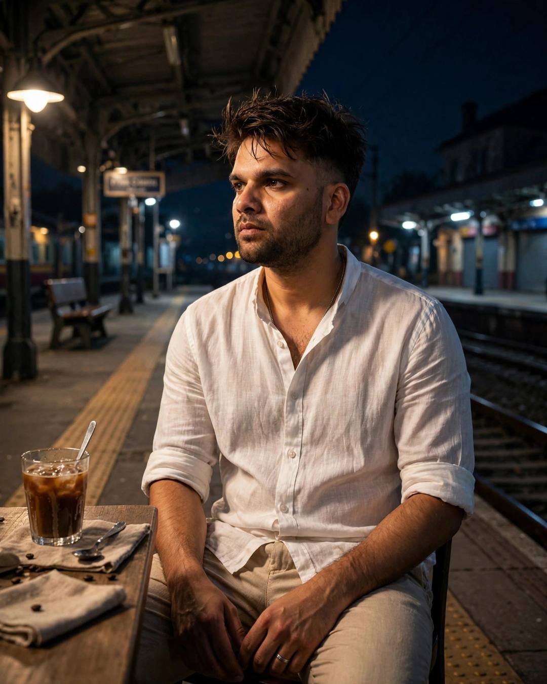 Man alone at a cafe table on an empty railway platform at night, white linen shirt and beige trousers, cold coffee untouched, lost in thought
