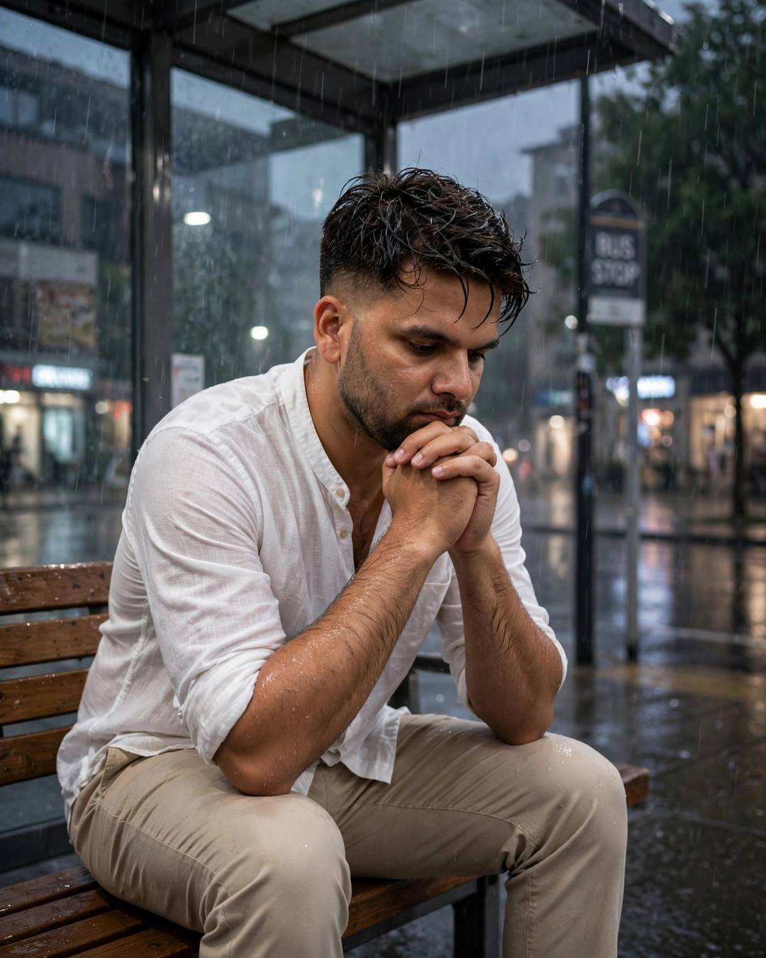 Man sitting alone at a rainy bus stop at night, white linen shirt and beige trousers, head bowed, elbows on knees