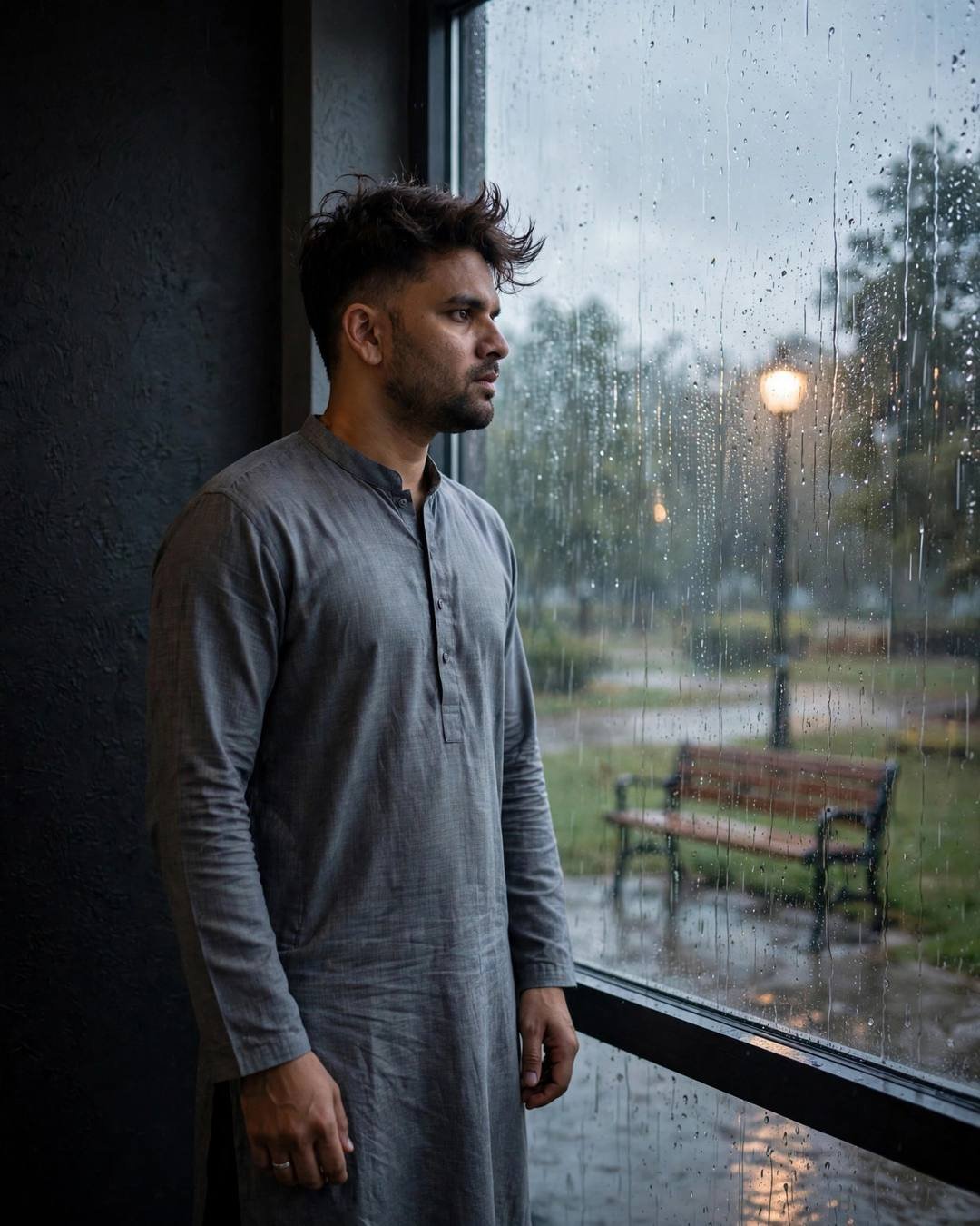 Man in grey kurta standing at a rain-streaked cafe window at dawn, hand on the glass, park bench under a lamp outside