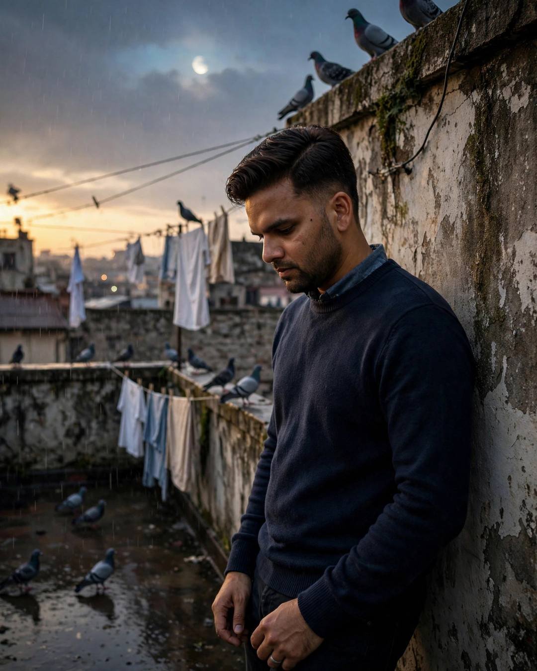 Man in navy sweater leaning against a weathered wall on a terrace with clothes lines and pigeons, moon rising through drizzle