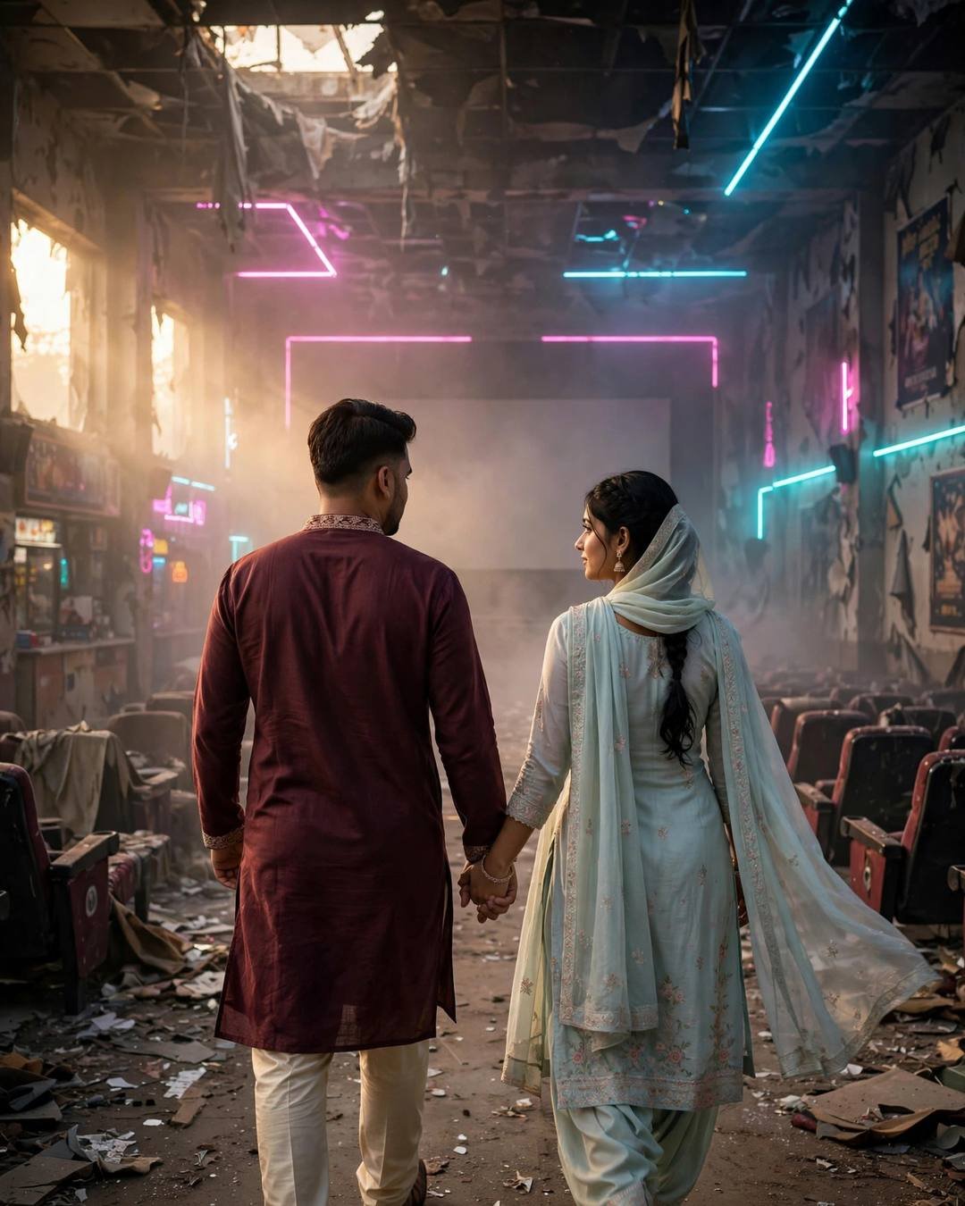 Couple walking hand in hand away from the camera through an abandoned cinema hall with neon pink and cyan lights, man in maroon kurta with cream churidar, woman in pastel salwar-kameez with dupatta